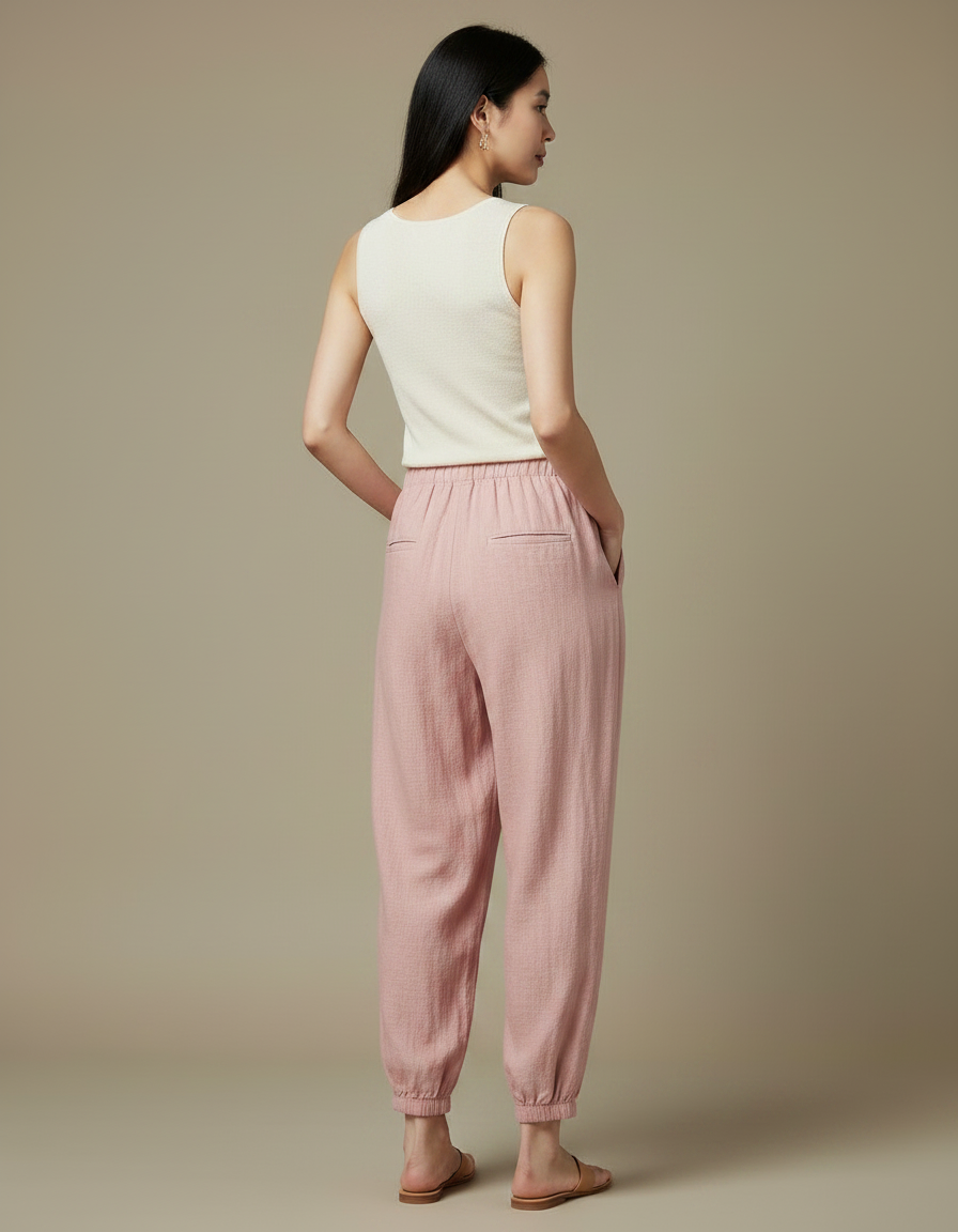 Pantalon Chinois Rose Ample Lin Élastiqué Femme - vue 2