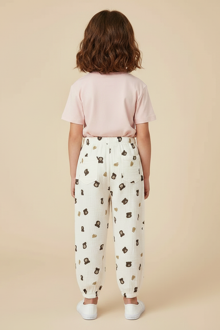 Pantalon Chinois Mousseline Écru Imprimé Ours Enfant - Coton - vue 2