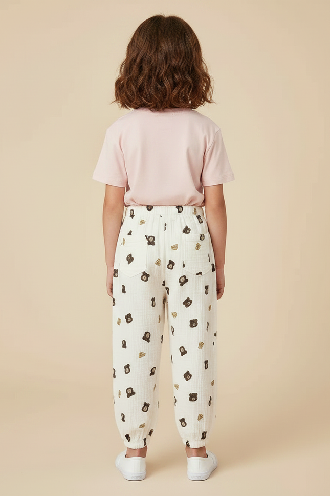 Pantalon Chinois Mousseline Écru Imprimé Ours Enfant - Coton - vue 2