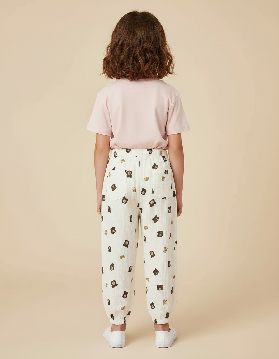 Pantalon Chinois Mousseline Écru Imprimé Ours Enfant - Coton - vue 2
