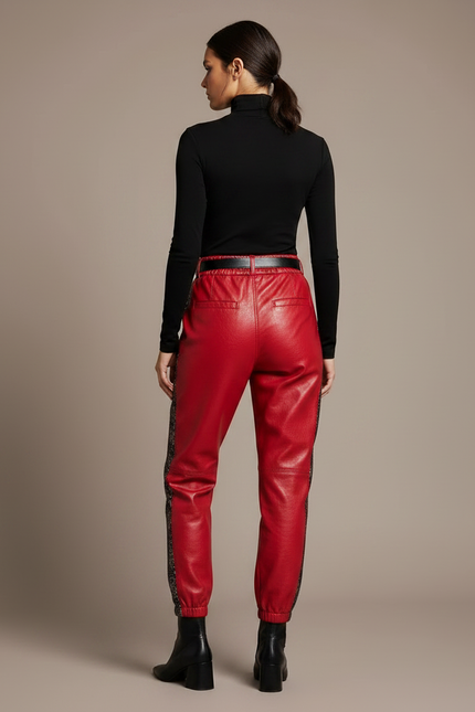 Pantalon Chinois Cuir Rouge Noir Élastiqué Femme - vue 2