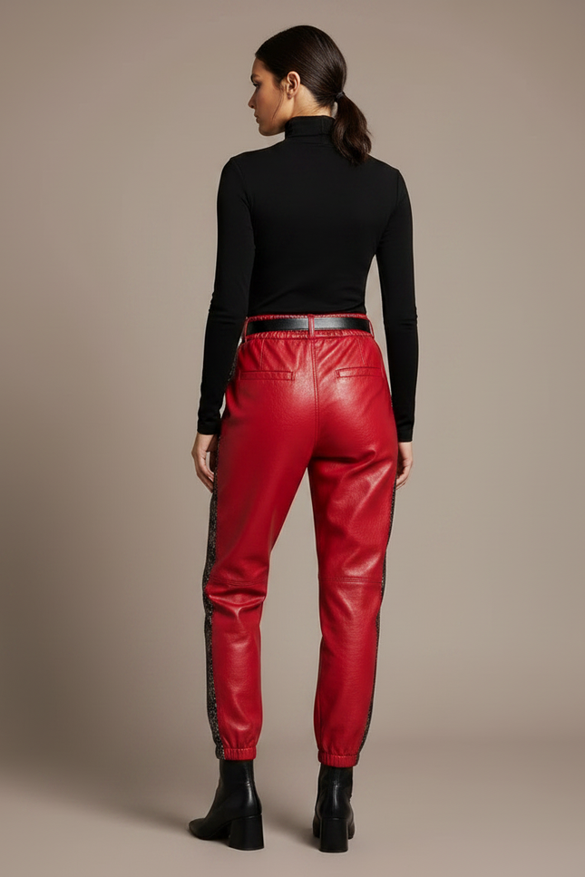 Pantalon Chinois Cuir Rouge Noir Élastiqué Femme - vue 2