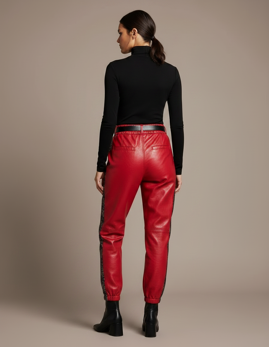 Pantalon Chinois Cuir Rouge Noir Élastiqué Femme - vue 2