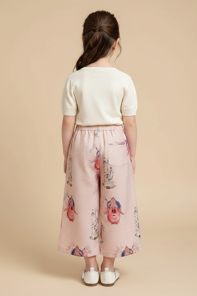 Pantalon Chinois Rose Fluide Ample Motif Fantaisie Fille - Lin - vue 2