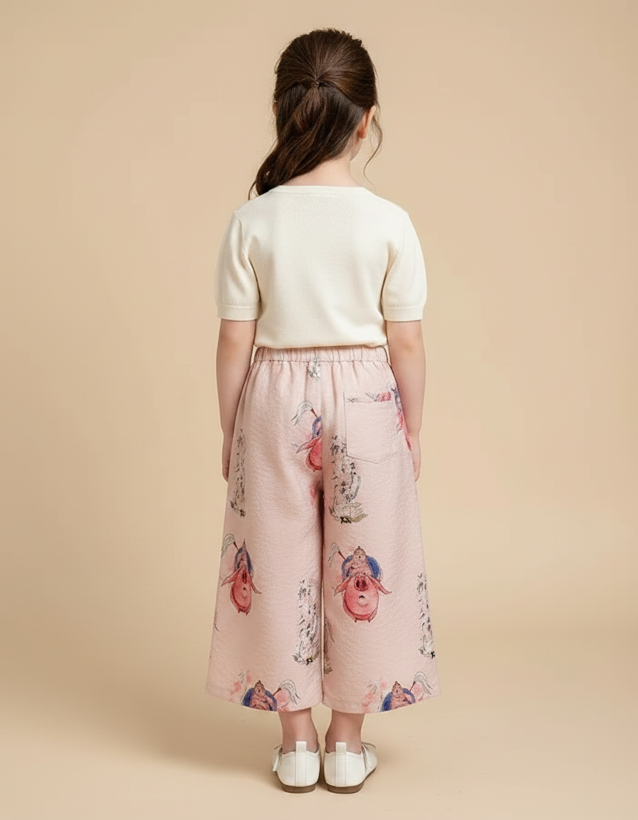 Pantalon Chinois Rose Fluide Ample Motif Fantaisie Fille - Lin - vue 2