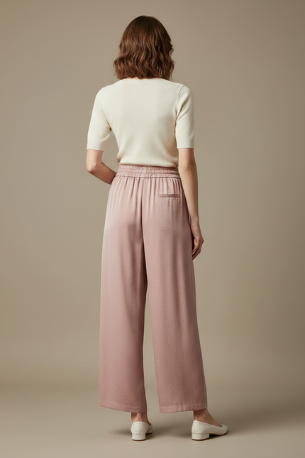 Pantalon Chinois Rose Satin Fluide Ample Élégant Femme - vue 2