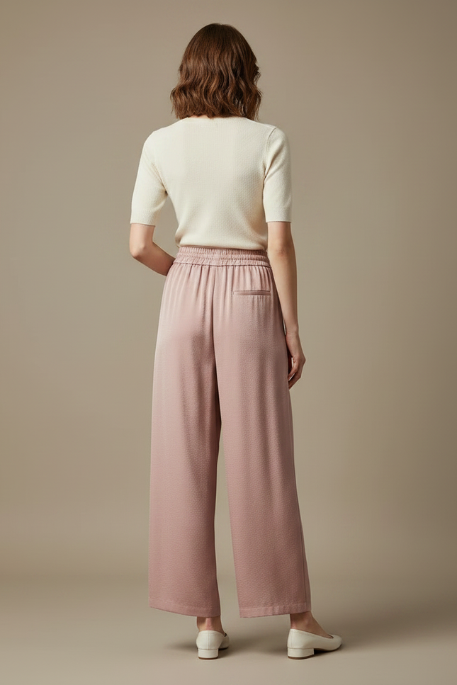Pantalon Chinois Rose Satin Fluide Ample Élégant Femme - vue 2