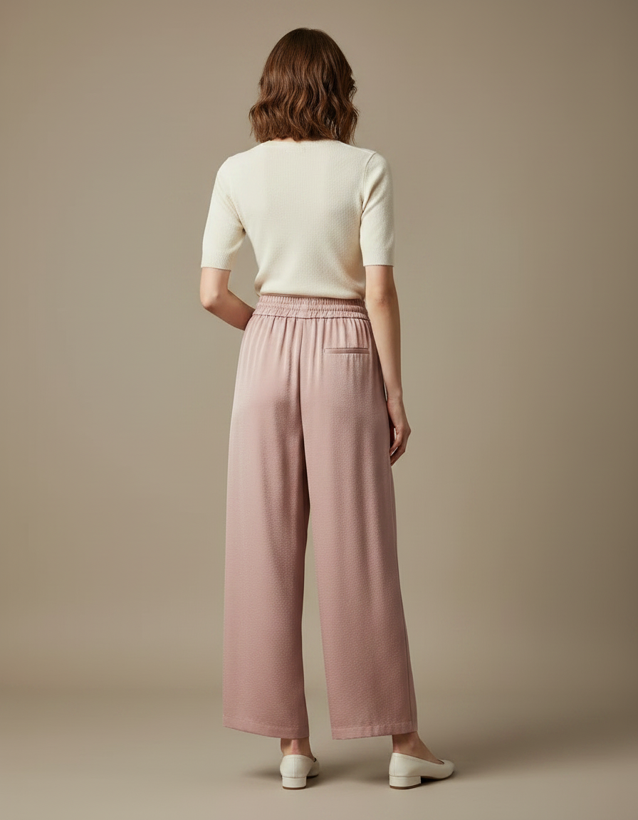 Pantalon Chinois Rose Satin Fluide Ample Élégant Femme - vue 2