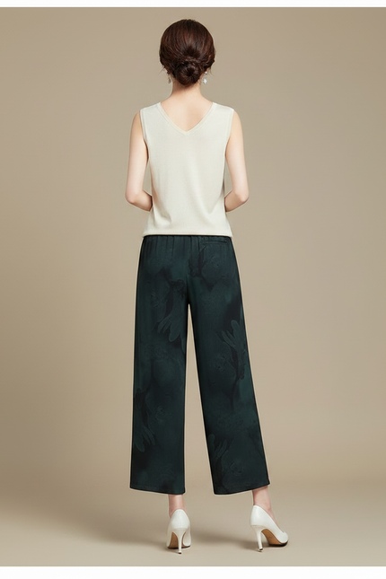 Pantalon Chinois Fluide Imprimé Vert Foncé Élégant - Polyester - vue 2