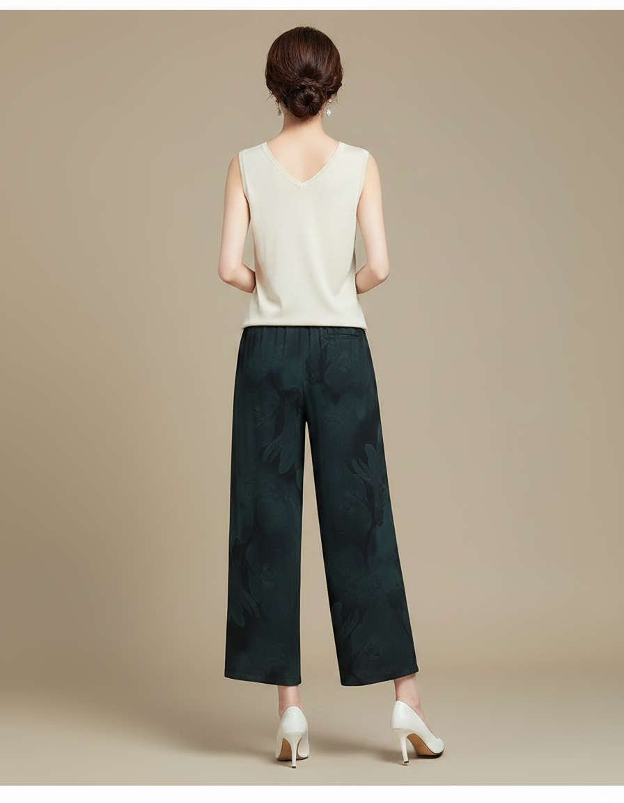 Pantalon Chinois Fluide Imprimé Vert Foncé Élégant - Polyester - vue 2