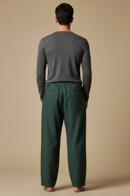Pantalon Chinois Vert Ample Lin Unisexe Décontracté - vue 2