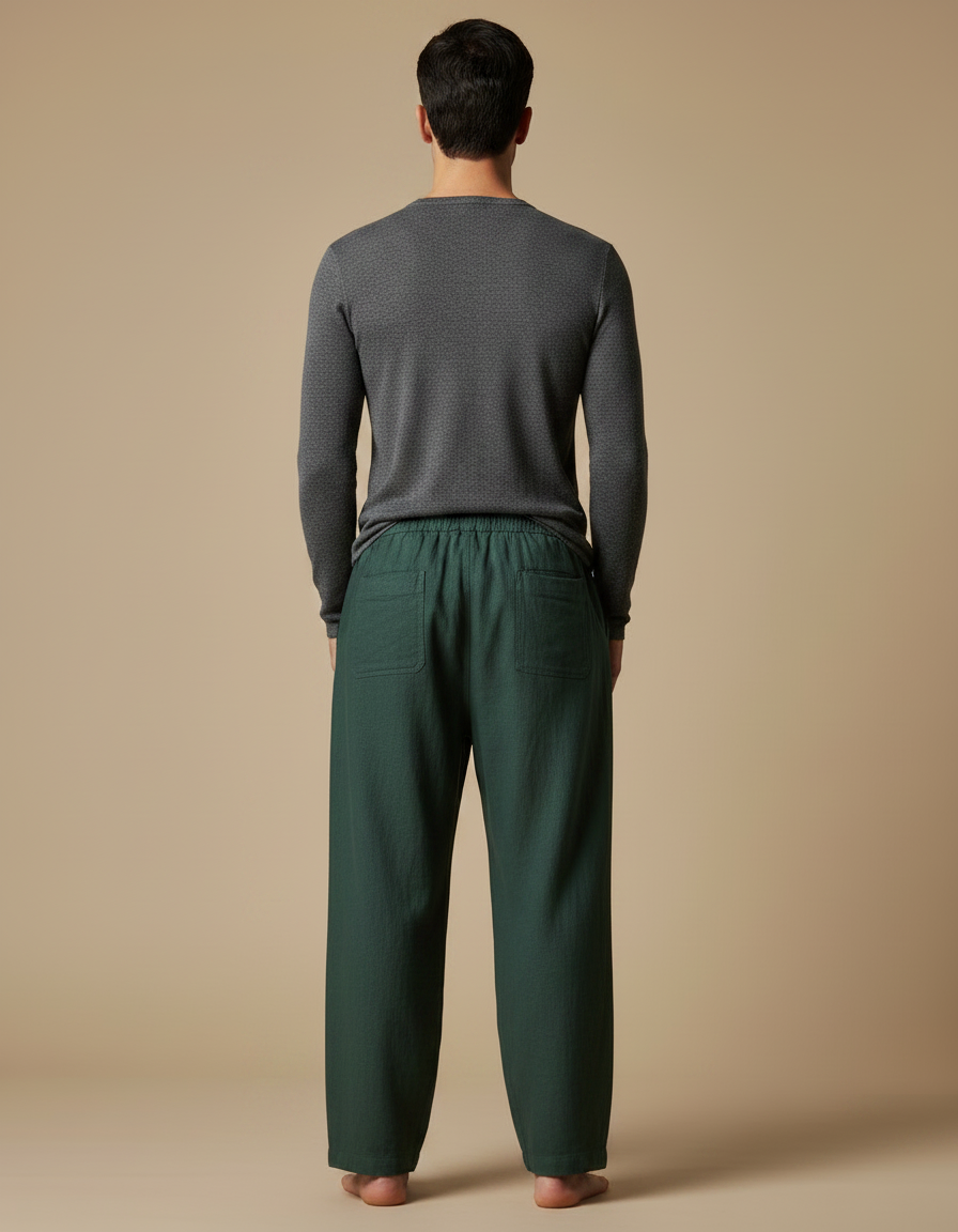 Pantalon Chinois Vert Ample Lin Unisexe Décontracté - vue 2