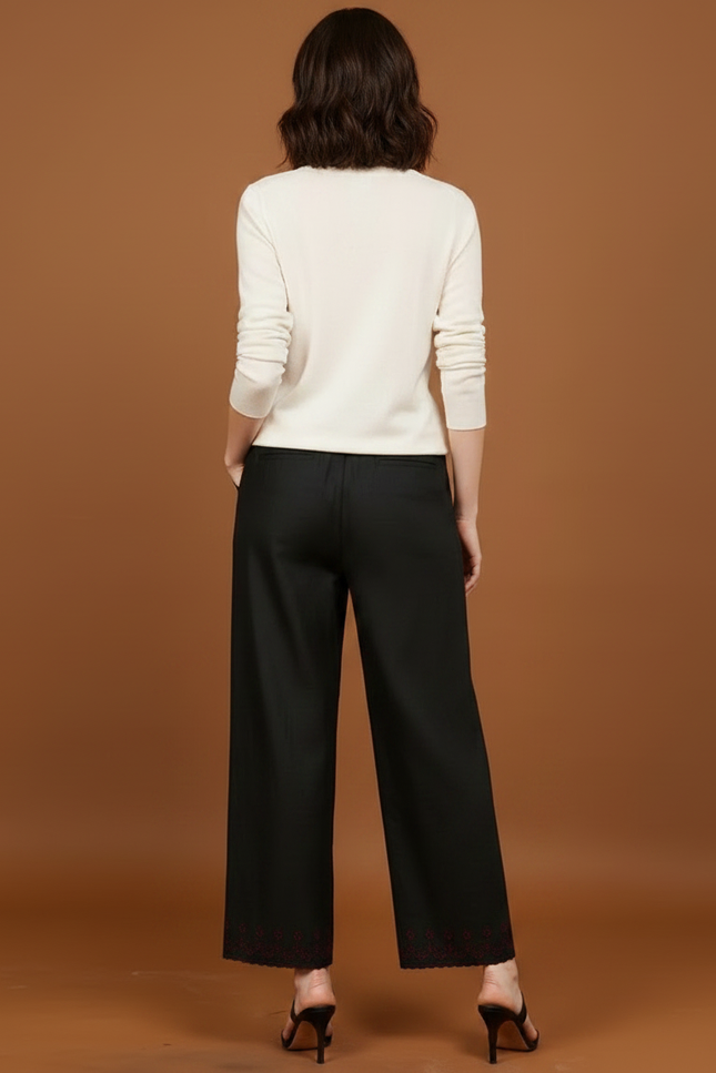 Pantalon Chinois Noir Brodé Fluide Femme Élégant - Viscose - vue 2