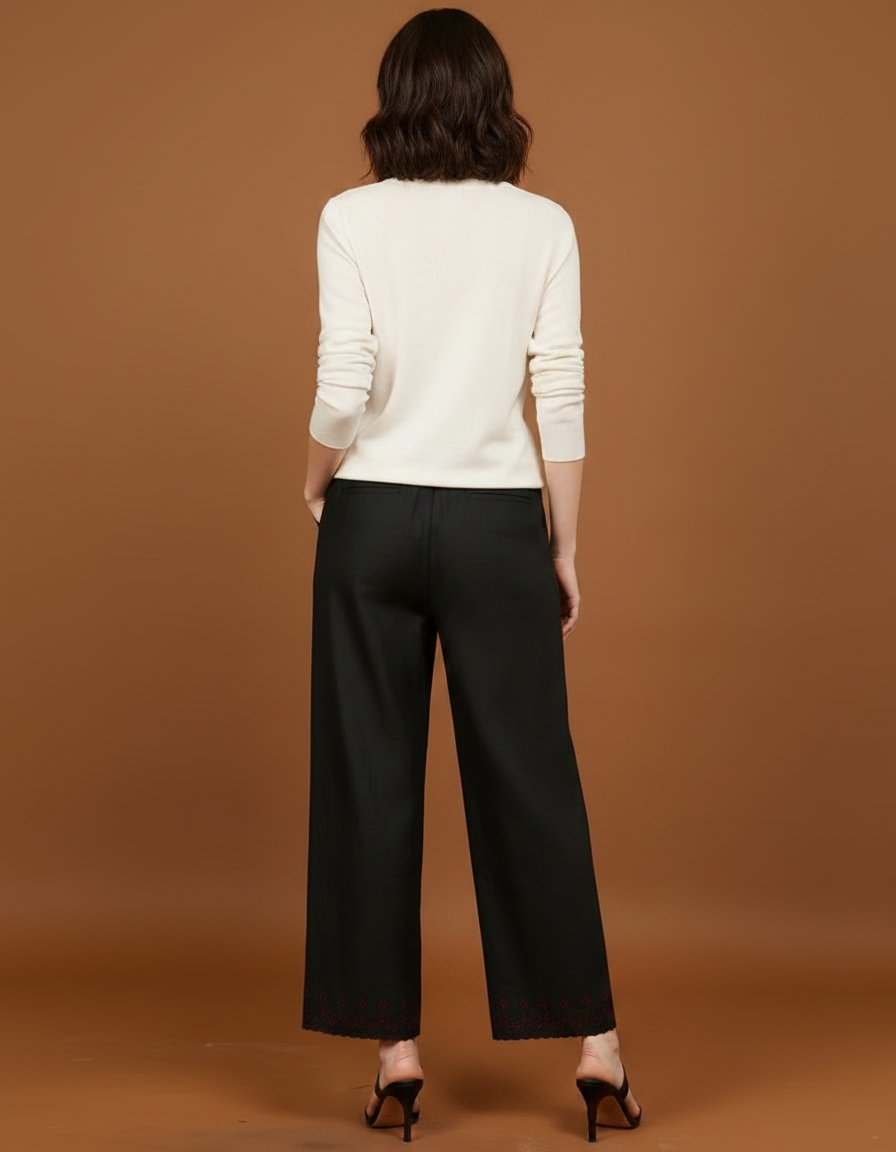 Pantalon Chinois Noir Brodé Fluide Femme Élégant - Viscose - vue 2