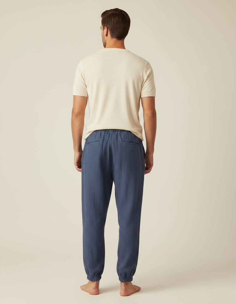 Pantalon Chinois Bleu Lin Ample Confortable Décontracté - vue 2