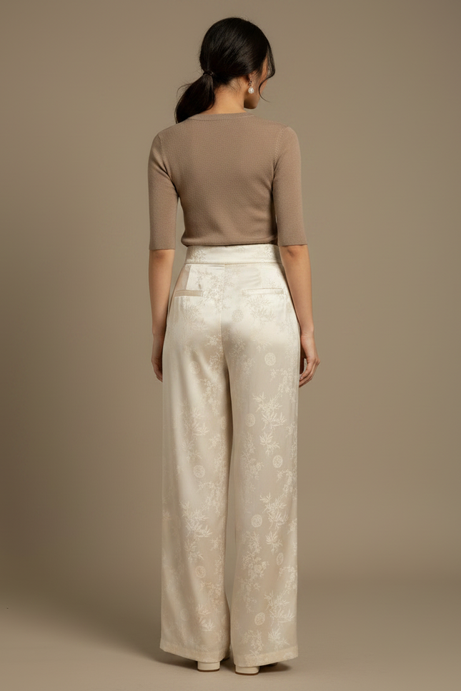 Pantalon Chinois Blanc Jacquard Ample Fluide Élégant - Satin - vue 2
