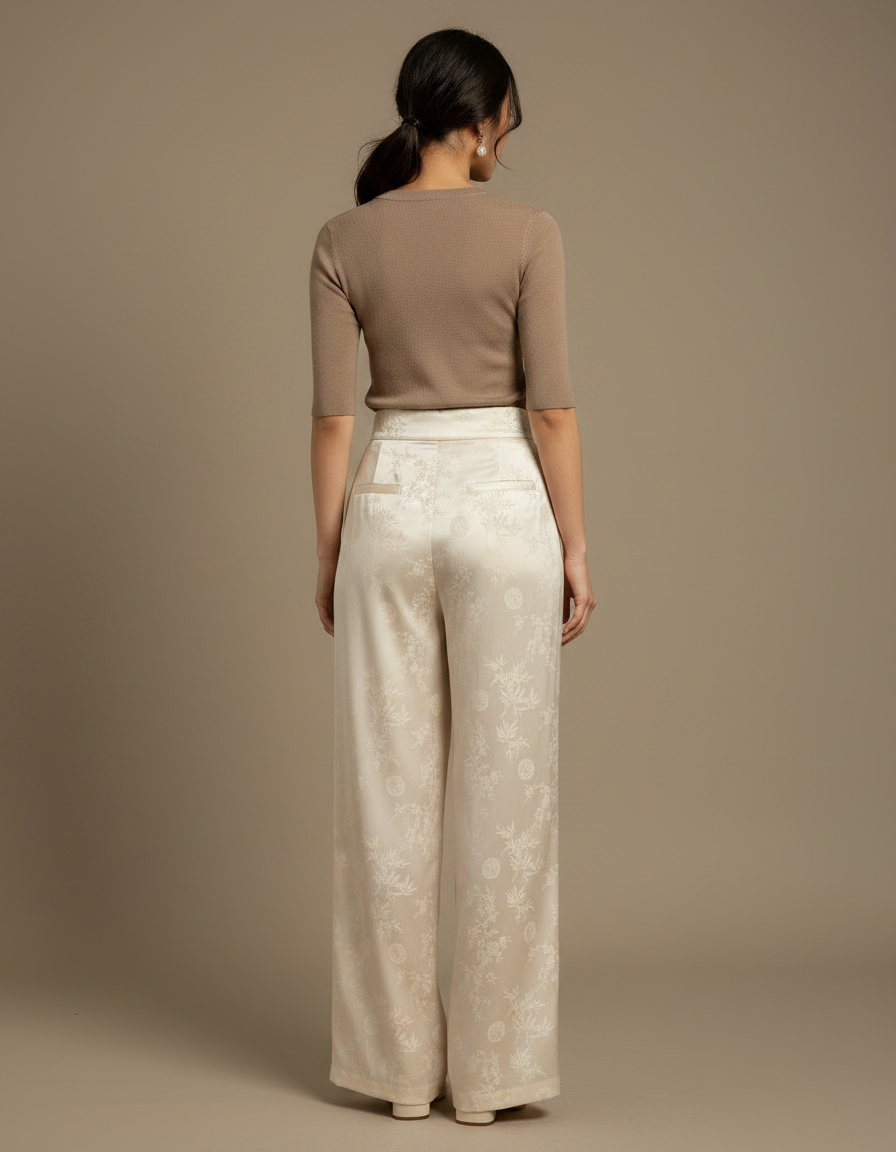 Pantalon Chinois Blanc Jacquard Ample Fluide Élégant - Satin - vue 2