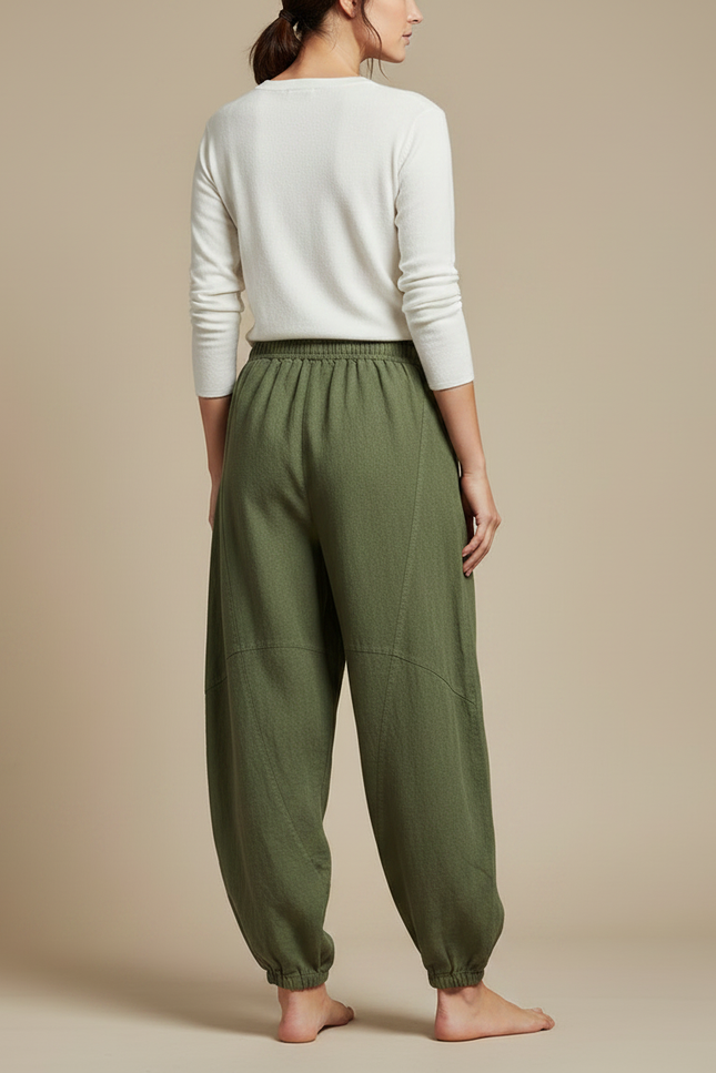 Pantalon Chinois Vert Armée Ample Lin Confortable - Kaki - vue 2