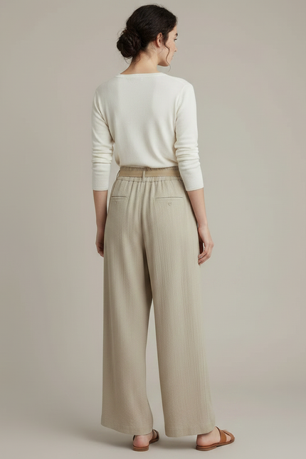 Pantalon Chinois Beige Fluide Ample Ceinturé Casual - Lin - vue 2