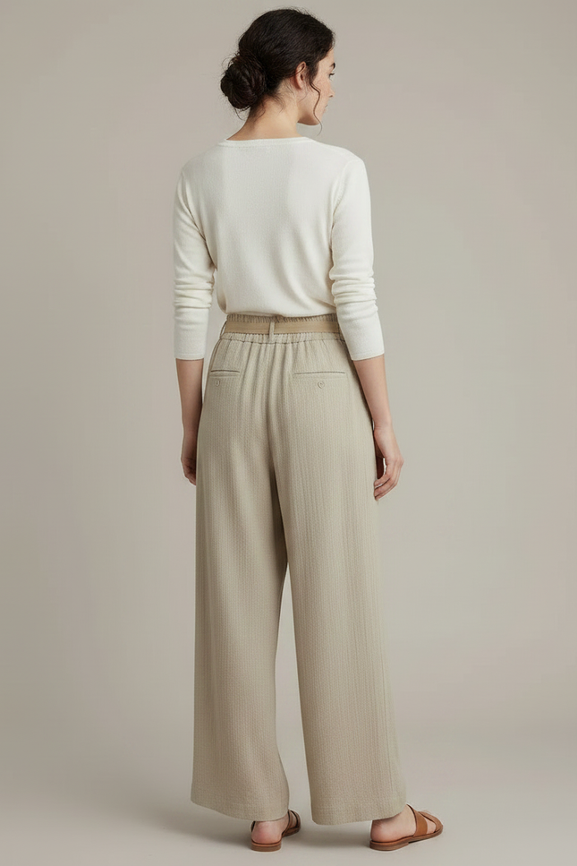 Pantalon Chinois Beige Fluide Ample Ceinturé Casual - Lin - vue 2