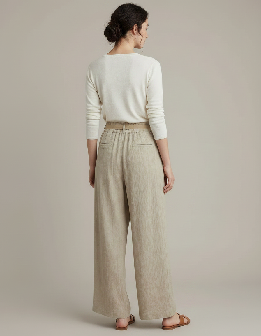 Pantalon Chinois Beige Fluide Ample Ceinturé Casual - Lin - vue 2