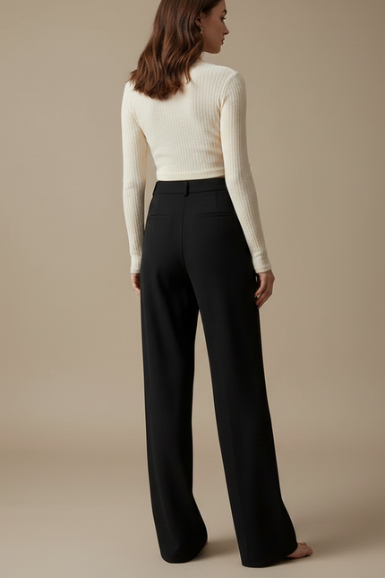 Pantalon Chinois Noir Ample Taille Haute Boutons Dorés Femme - Viscose - vue 2
