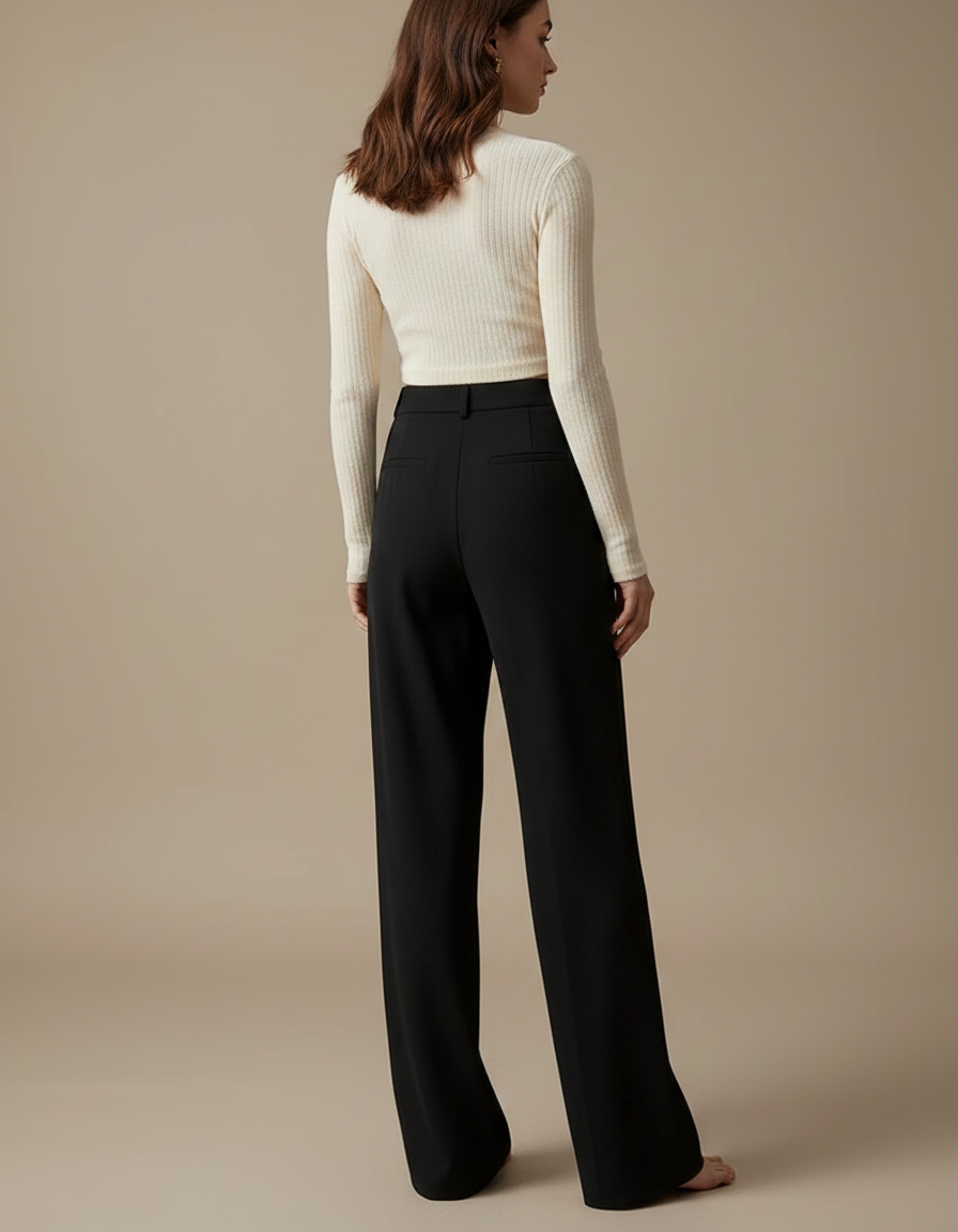 Pantalon Chinois Noir Ample Taille Haute Boutons Dorés Femme - Viscose - vue 2