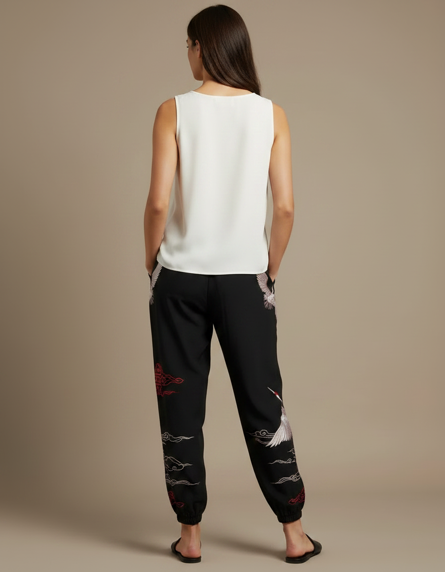 Pantalon Chinois Femme Noir Ample Satin - Viscose - vue 2