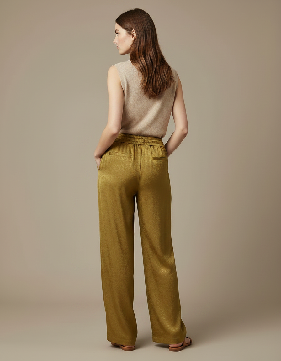 Pantalon Chinois Satiné Kaki Fluide Ample Élégant - vue 2