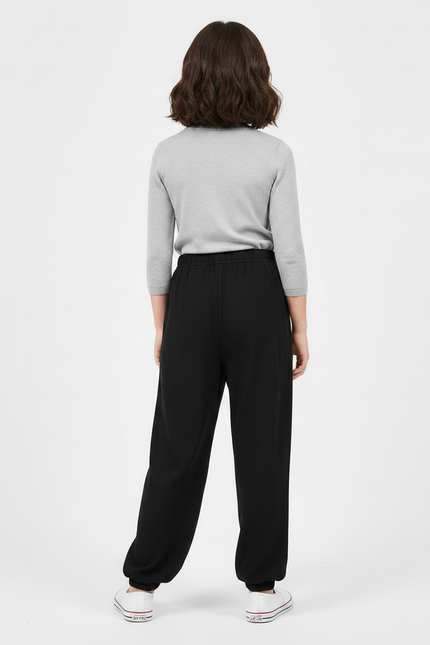 Pantalon Chinois Noir Ample Uni Fille Décontracté - Viscose - vue 2