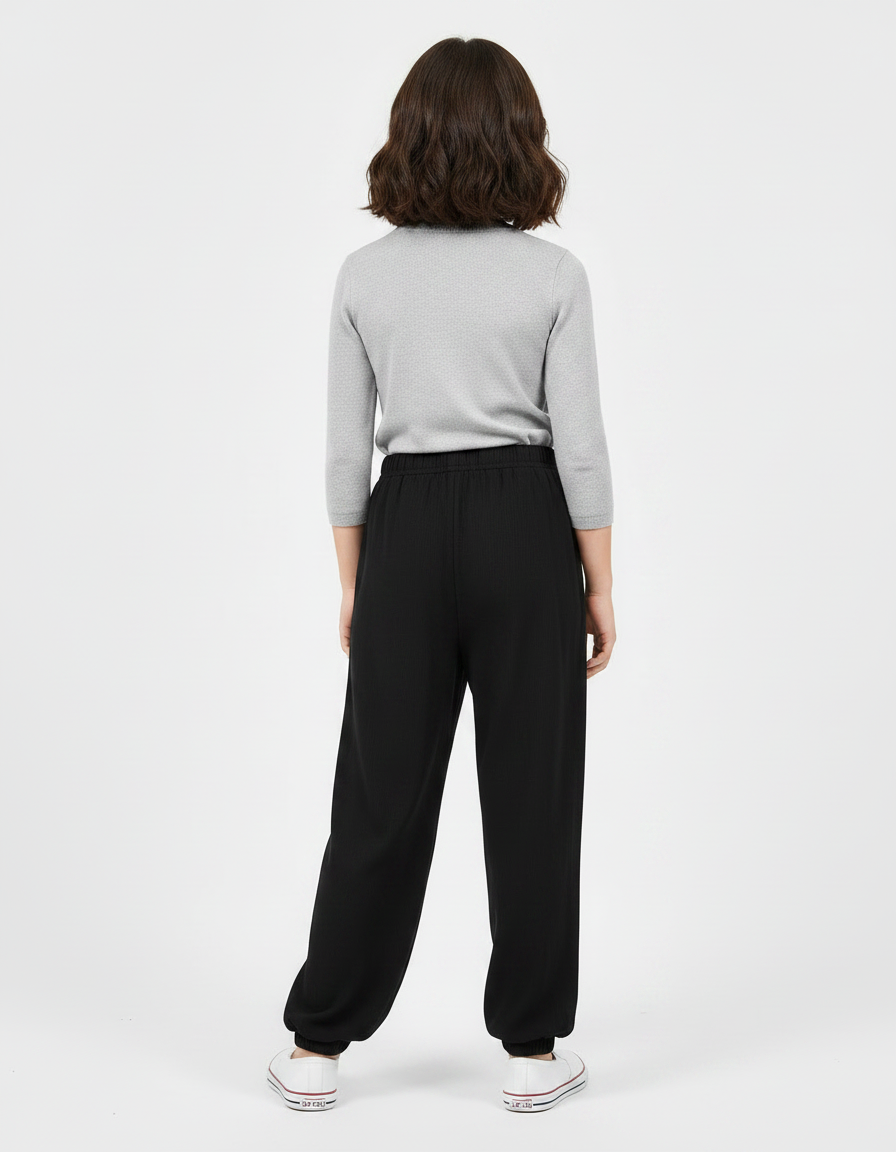 Pantalon Chinois Noir Ample Uni Fille Décontracté - Viscose - vue 2