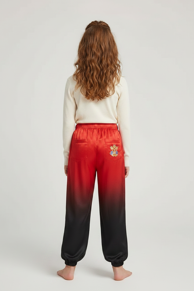 Pantalon Chinois Rouge Noir Satiné Dragon Enfant - Multicolore - vue 2