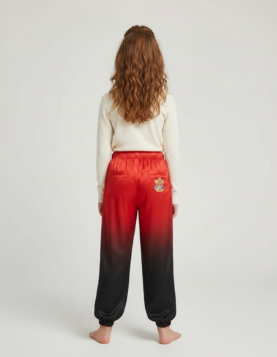 Pantalon Chinois Rouge Noir Satiné Dragon Enfant - Multicolore - vue 2