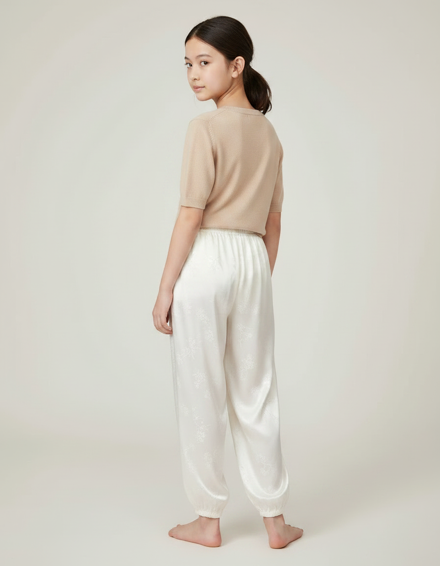 Pantalon Chinois Blanc Satiné Fluide Imprimé Élégant - vue 2