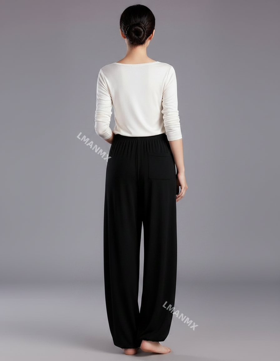 Pantalon Chinois Noir Ample Fluide Élastiqué Femme - Viscose - vue 2