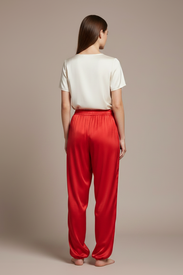 Pantalon Chinois Rouge Satin Fluide Ample Femme - vue 2