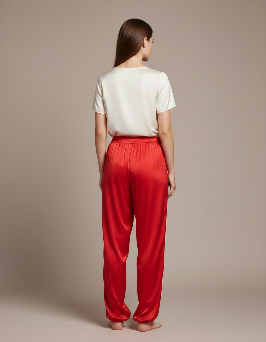 Pantalon Chinois Rouge Satin Fluide Ample Femme - vue 2