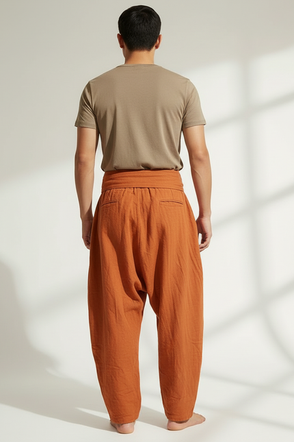 Pantalon Chinois Harem Orange Lin Plissé Décontracté Homme - vue 2