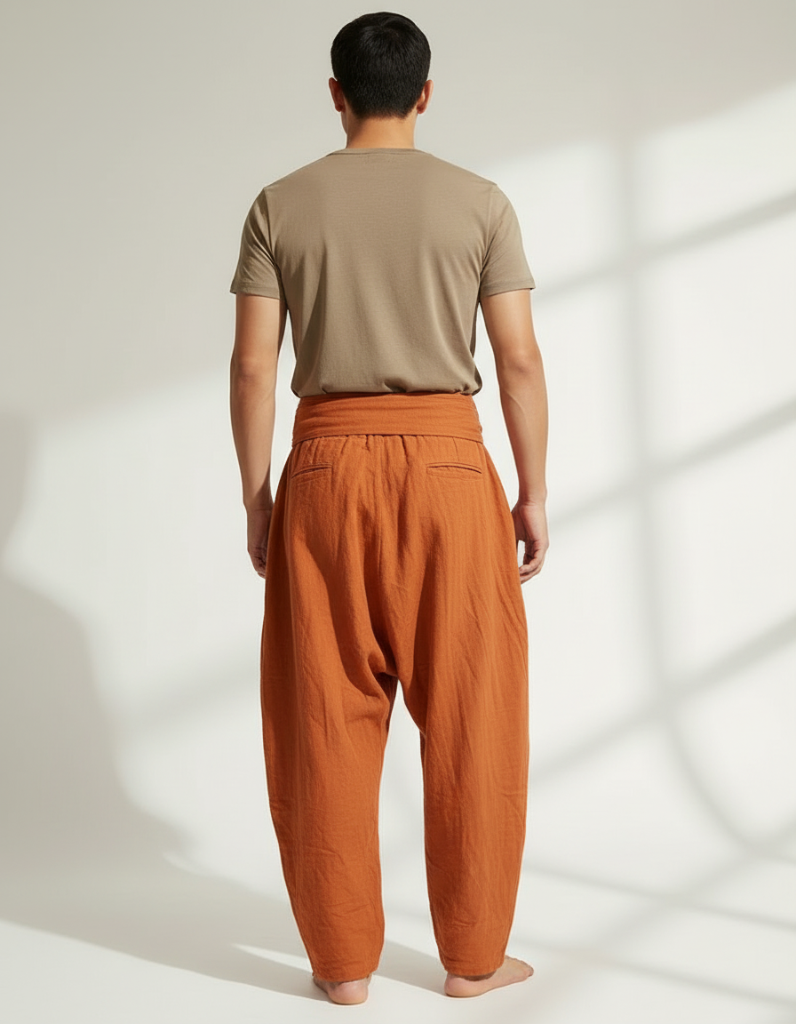Pantalon Chinois Harem Orange Lin Plissé Décontracté Homme - vue 2