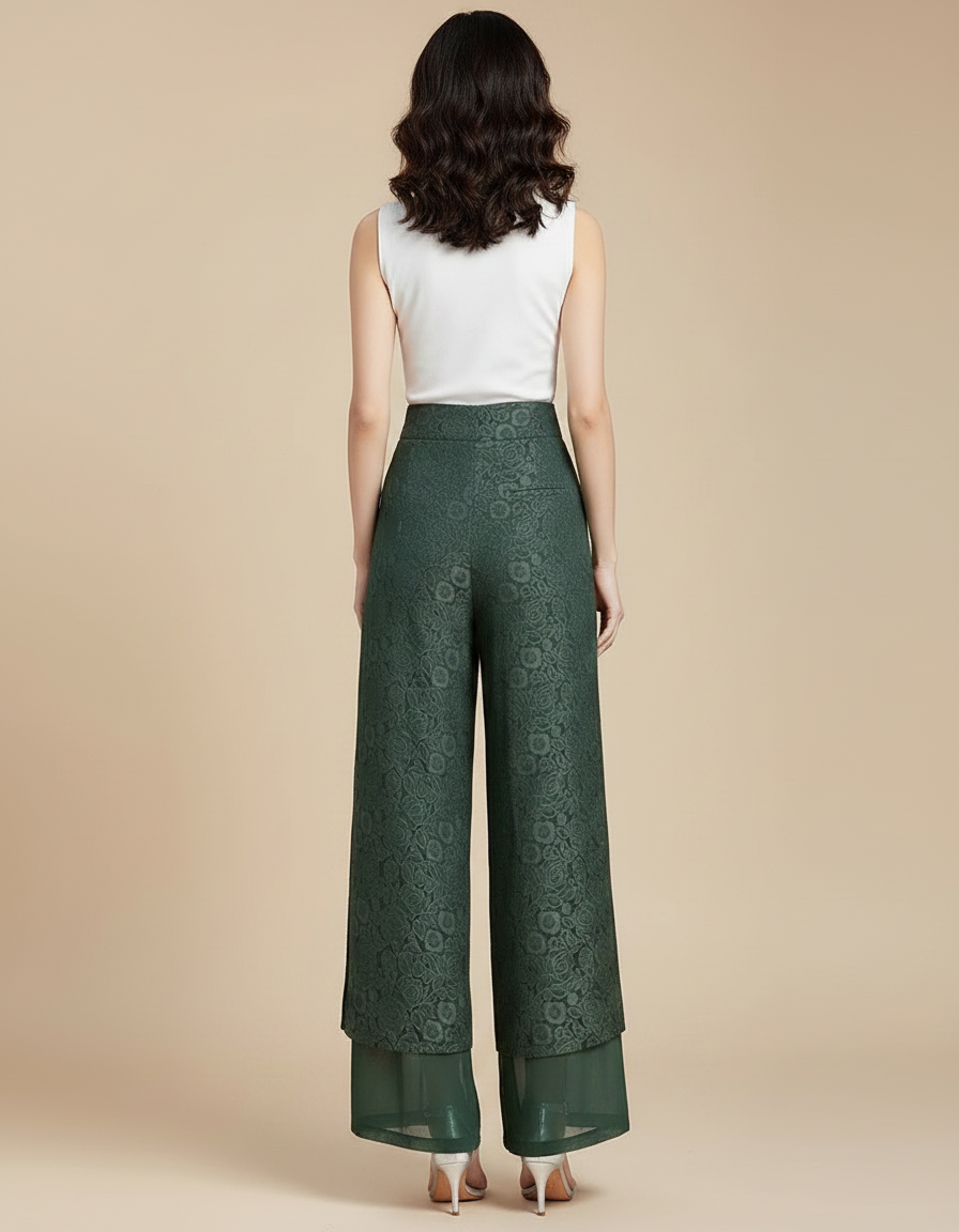 Pantalon Chinois Vert Brodé Ample Fluide Femme - Polyester - vue 2