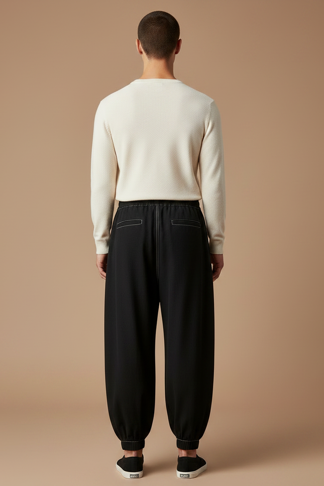 Pantalon Chinois Noir Ample Plissé Décontracté Coton - vue 2