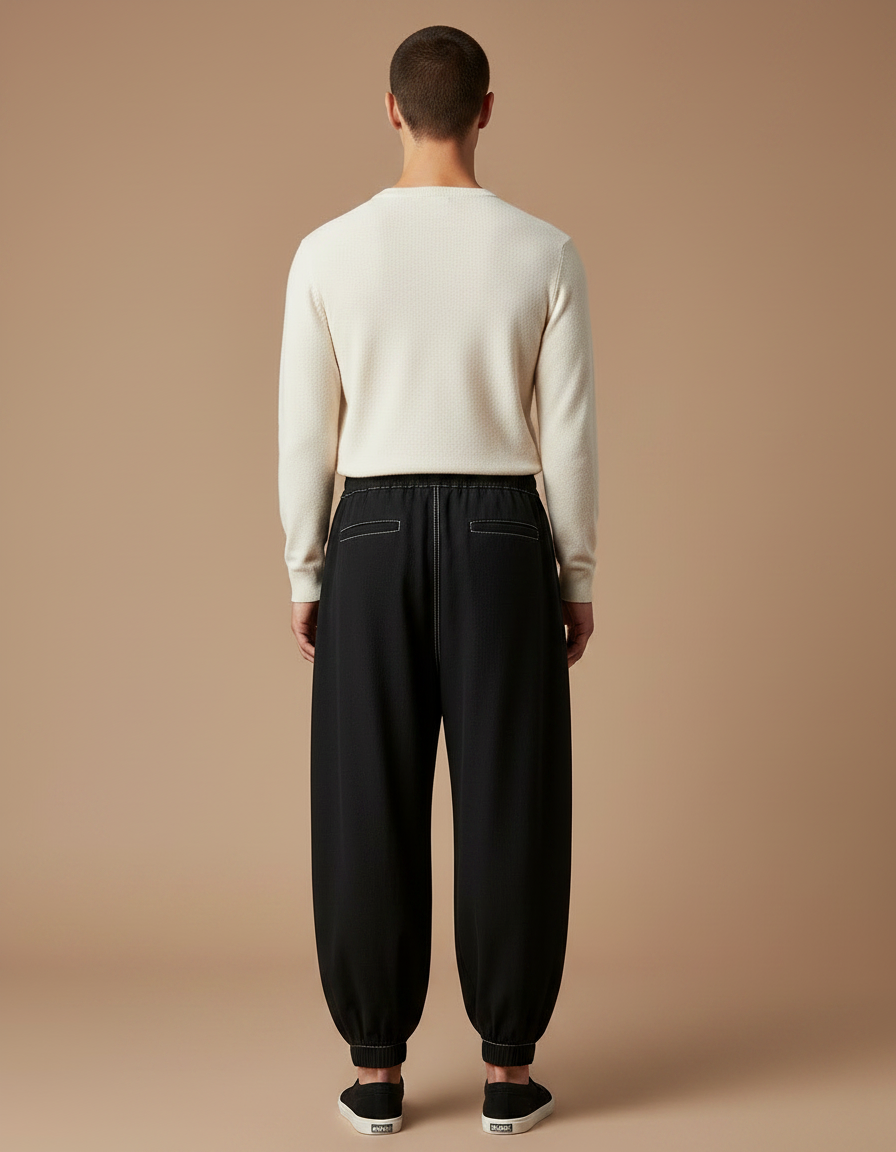 Pantalon Chinois Noir Ample Plissé Décontracté Coton - vue 2