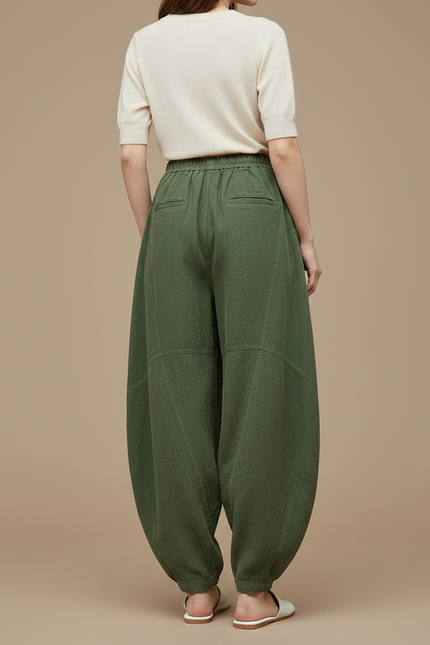 Pantalon Chinois Vert Armée Lin Ample Confortable - vue 2