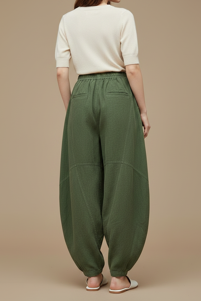 Pantalon Chinois Vert Armée Lin Ample Confortable - vue 2