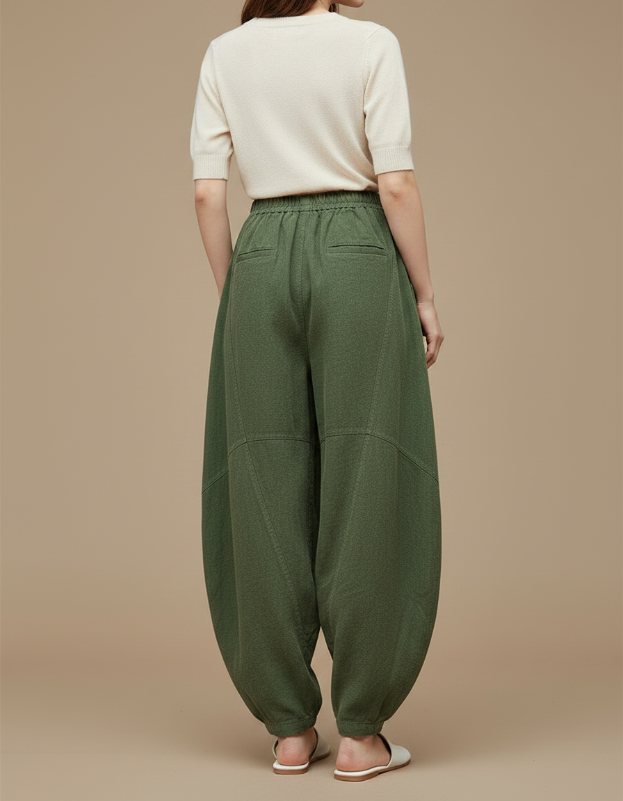 Pantalon Chinois Vert Armée Lin Ample Confortable - vue 2