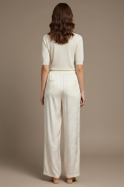 Pantalon Chinois Crème Satin Fluide Ample Imprimé Élégant - Beige - vue 2