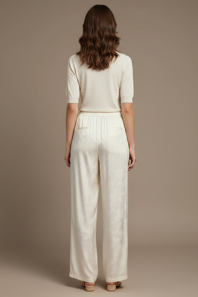 Pantalon Chinois Crème Satin Fluide Ample Imprimé Élégant - Beige - vue 2