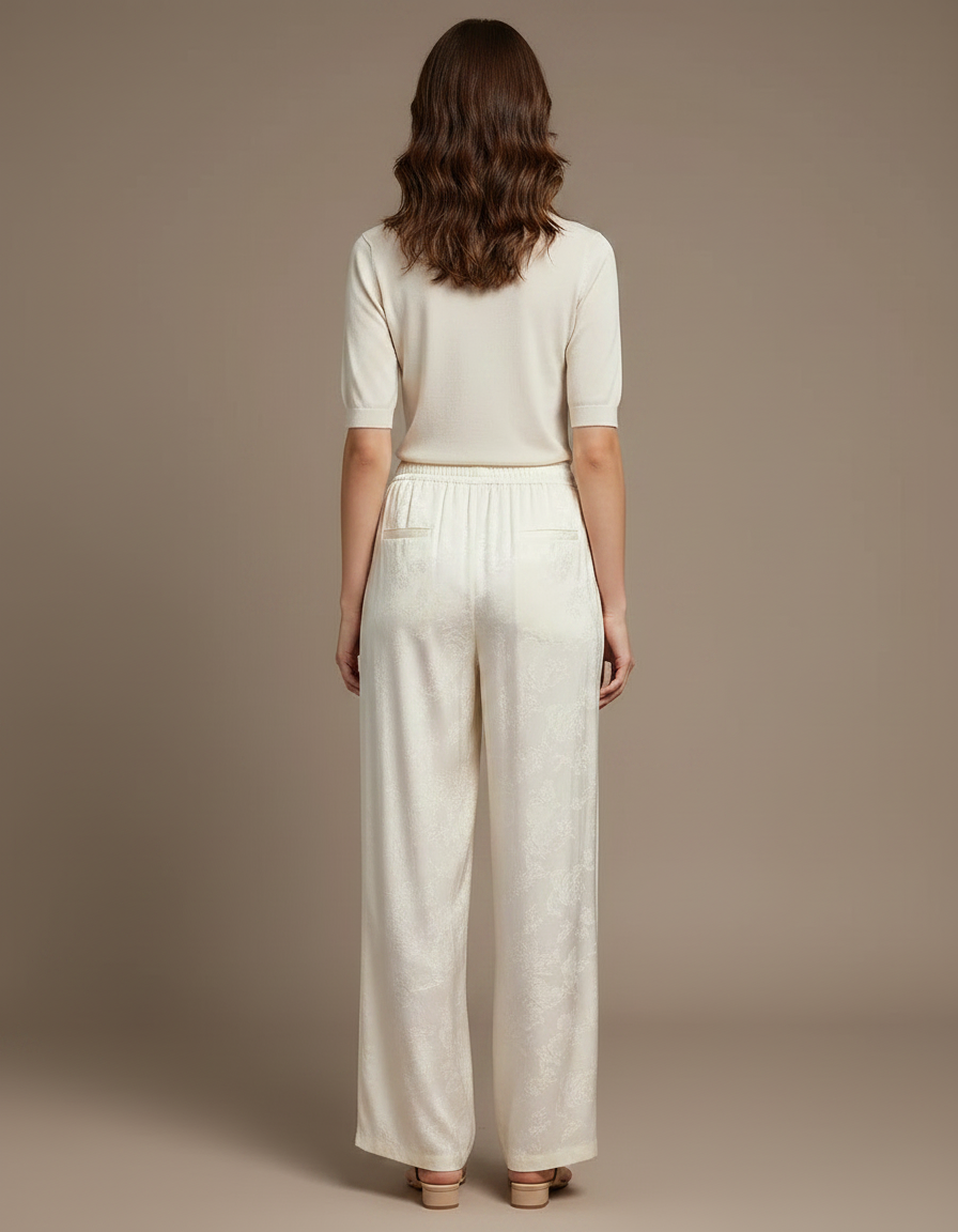 Pantalon Chinois Crème Satin Fluide Ample Imprimé Élégant - Beige - vue 2
