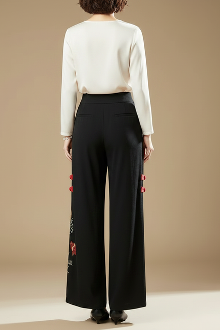 Pantalon Chinois Noir Brodé Ample Fluide Ethnique - Polyester - vue 2