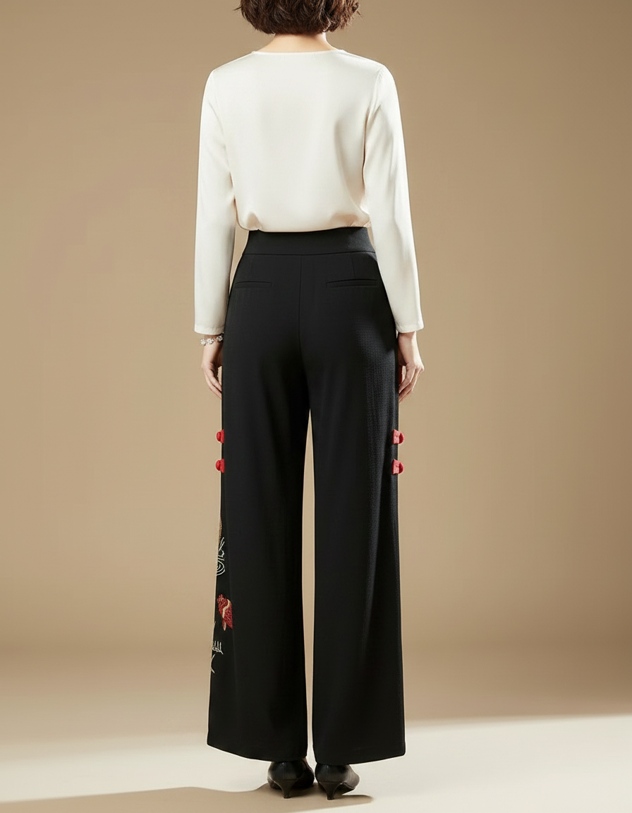 Pantalon Chinois Noir Brodé Ample Fluide Ethnique - Polyester - vue 2